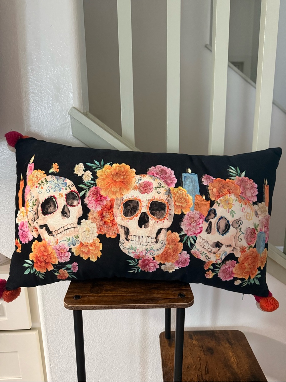 Skull Floral Lumbar Pillow - Black